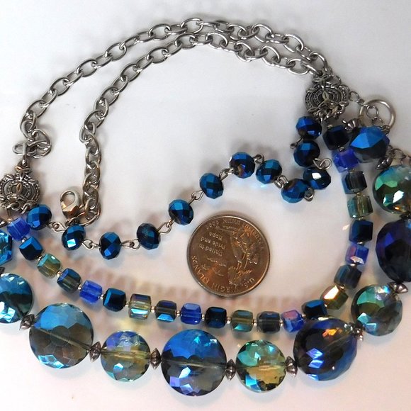 Strand Blue Swarovski Crystal Glass  Bead Necklace Adjusts Chain - Picture 6 of 6
